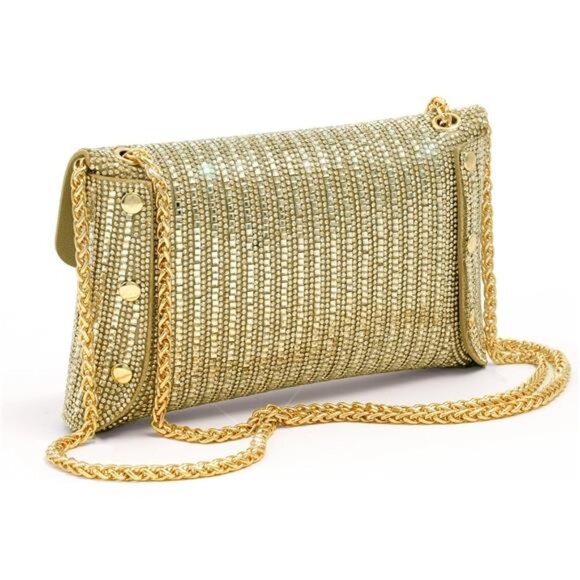 Golden Pearl Rhinestone Bow Flip Clutch Wedding Prom Cocktail Mini Bag - Picture 3 of 9